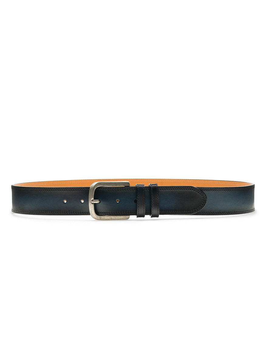 The Magnanni Wayne Belt in Navy, made of sleek black calfskin leather with a silver buckle and two belt loops, is shown in a straight, horizontal position. This versatile accessory is the perfect casual staple for any wardrobe.