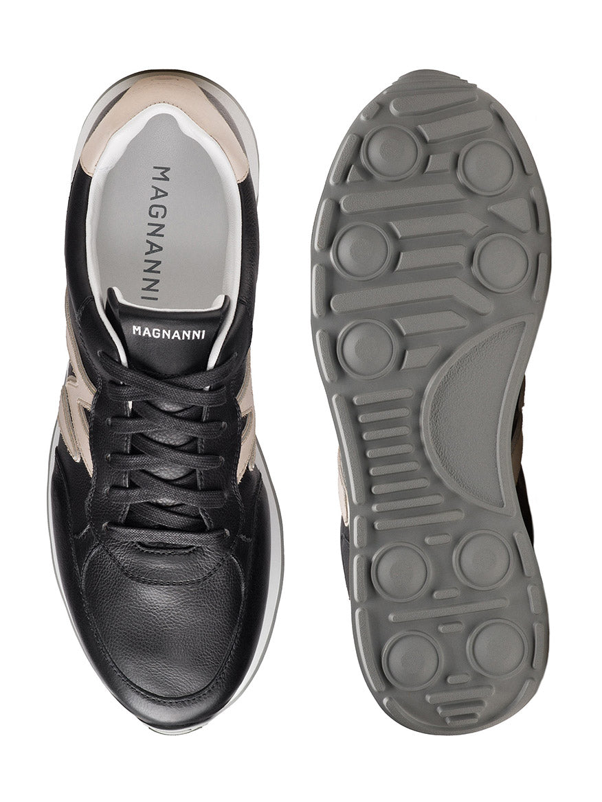Top and bottom view of the Magnanni Yoki in Black/Cream, made in Spain, featuring a retro-inspired design, black laces, and an athletic sole with gray rubber tread.