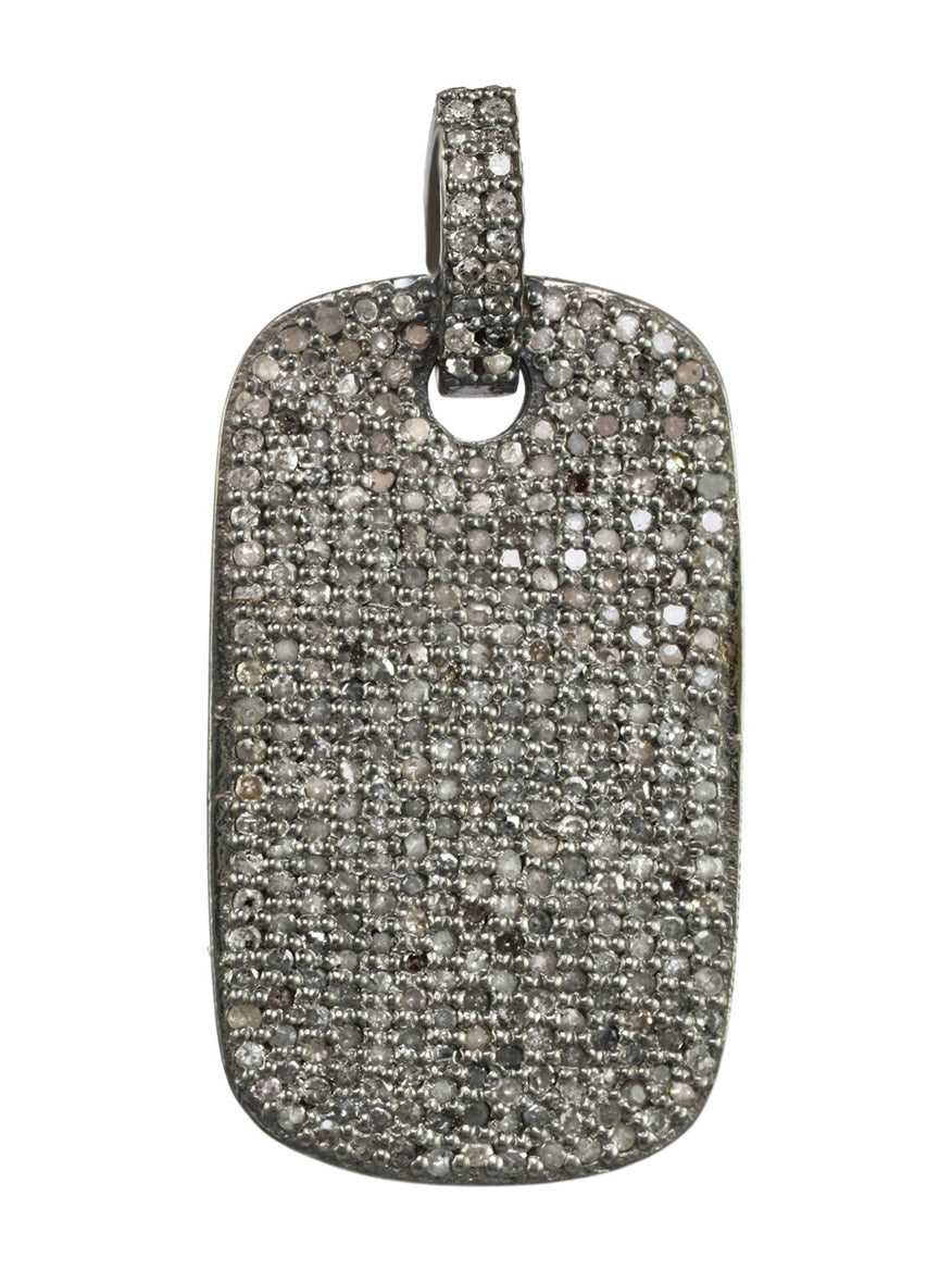 Margo Morrison Diamond Rectangle Tag Charm pendant encrusted with numerous small pave diamonds, displayed against a white background.