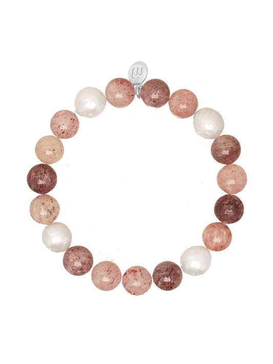 A Margo Morrison Natural Strawberry Quartz Stretch Bracelet made of alternating strawberry quartz and baroque pearls, featuring a silver charm with the letter "m" in the center, arranged in a circular shape on a white background.