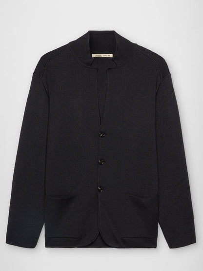 A Maurizio Baldassari Accademia Wool Swacket in Black, crafted from virgin wool, with a mandarin collar, button-up front, and two front pockets, displayed against a gray background.