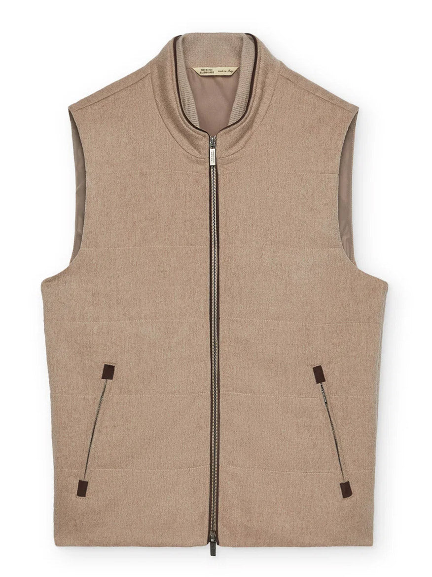 The Maurizio Baldassari Arena Cashmere Vest in Brown Sugar—crafted in Italy—features a padded, sleeveless design with two front zippered pockets and a stand collar, elegantly laid flat on a white background for an ideal fusion of comfort and urban style.