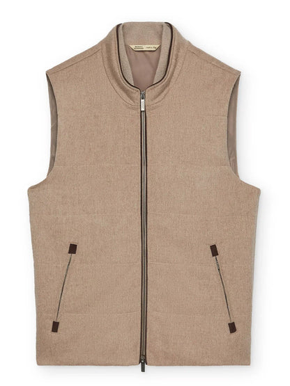 The Maurizio Baldassari Arena Cashmere Vest in Brown Sugar—crafted in Italy—features a padded, sleeveless design with two front zippered pockets and a stand collar, elegantly laid flat on a white background for an ideal fusion of comfort and urban style.