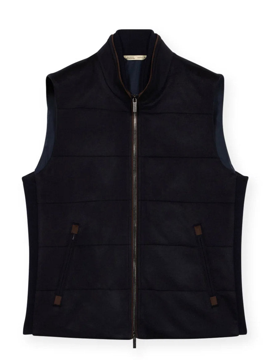 The Maurizio Baldassari Arena Cashmere Vest in Dark Navy is a sleeveless, padded vest with a high collar and two front pockets, expertly crafted in Italy and ideal for urban living, shown against a plain white background.