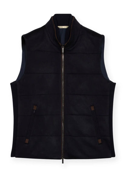 The Maurizio Baldassari Arena Cashmere Vest in Dark Navy is a sleeveless, padded vest with a high collar and two front pockets, expertly crafted in Italy and ideal for urban living, shown against a plain white background.