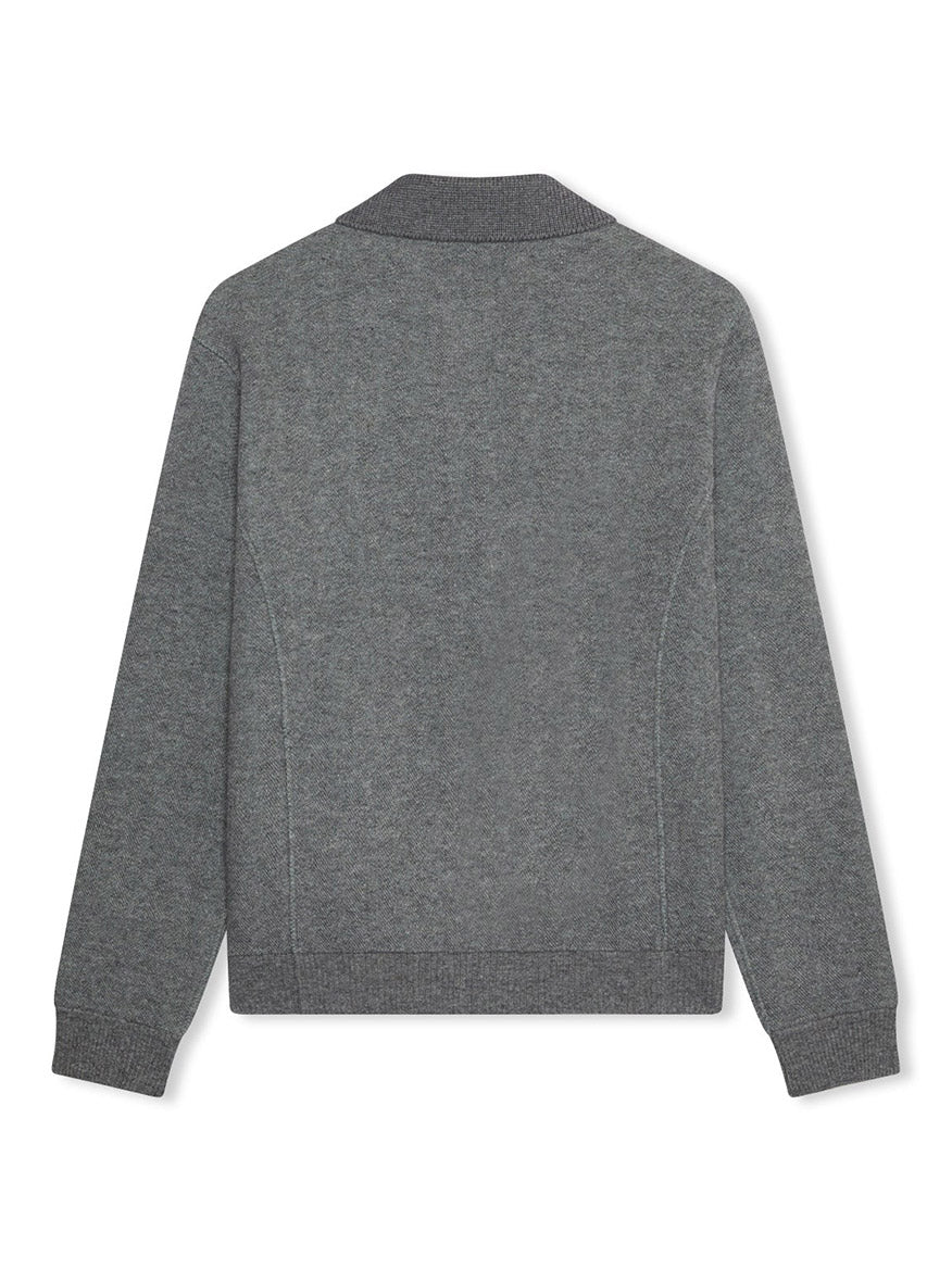 The Maurizio Baldassari Pique Knit Cashmere Blend Blouson in Light Grey is shown from the back, featuring long sleeves and ribbed collar, cuffs, and waistband in a classic knit style.