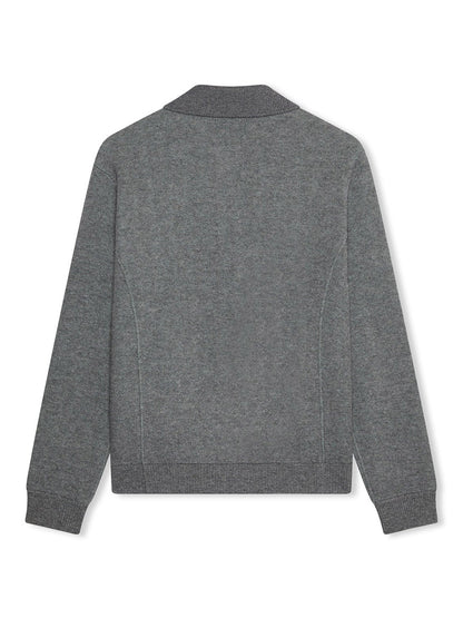 The Maurizio Baldassari Pique Knit Cashmere Blend Blouson in Light Grey is shown from the back, featuring long sleeves and ribbed collar, cuffs, and waistband in a classic knit style.
