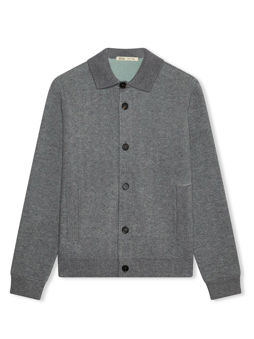 The Maurizio Baldassari Pique Knit Cashmere Blend Blouson in Light Grey features a collared design with two side pockets, ribbed cuffs, and hem, shown laid flat on a white background.