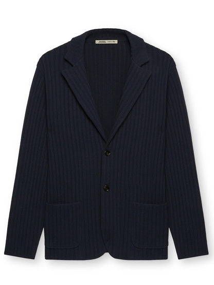 A Maurizio Baldassari Cotton Pique Swacket in Navy with a notched lapel and front button closure, Made in Italy, displayed against a light background.
