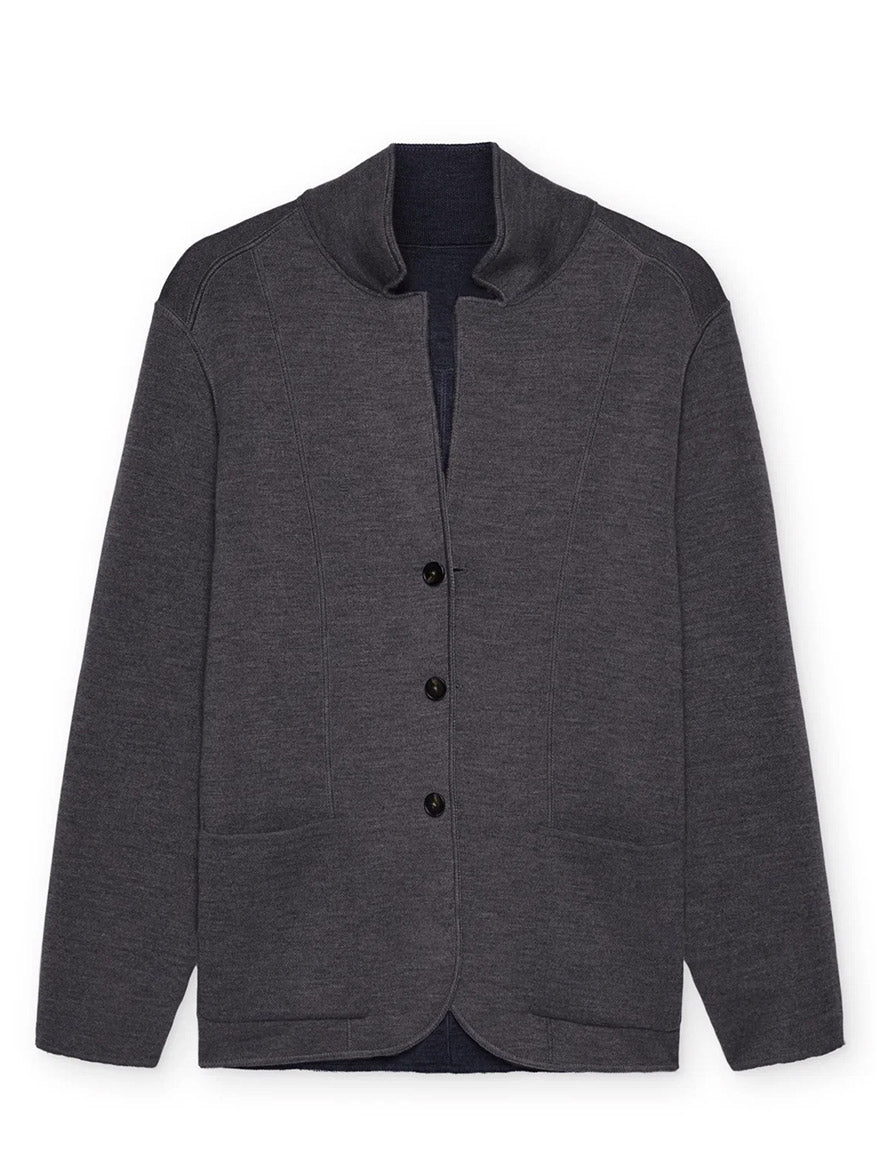 Maurizio Baldassari Jamaica Reversible Wool Swacket in Nightshadow Blue, featuring a casual blazer-style cut, three black buttons, a stand collar, and two front patch pockets, displayed flat on a white background.