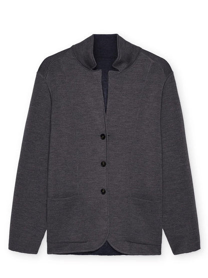 Maurizio Baldassari Jamaica Reversible Wool Swacket in Nightshadow Blue, featuring a casual blazer-style cut, three black buttons, a stand collar, and two front patch pockets, displayed flat on a white background.