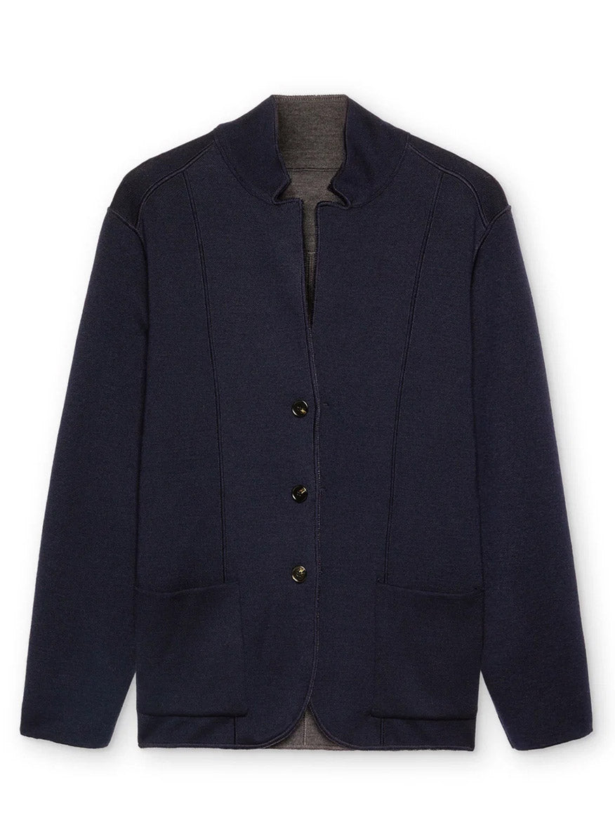 The Maurizio Baldassari Jamaica Reversible Wool Swacket in Nightshadow Blue is crafted from soft merino wool and features a stand collar, button closure, and two front patch pockets, displayed against a plain white background.