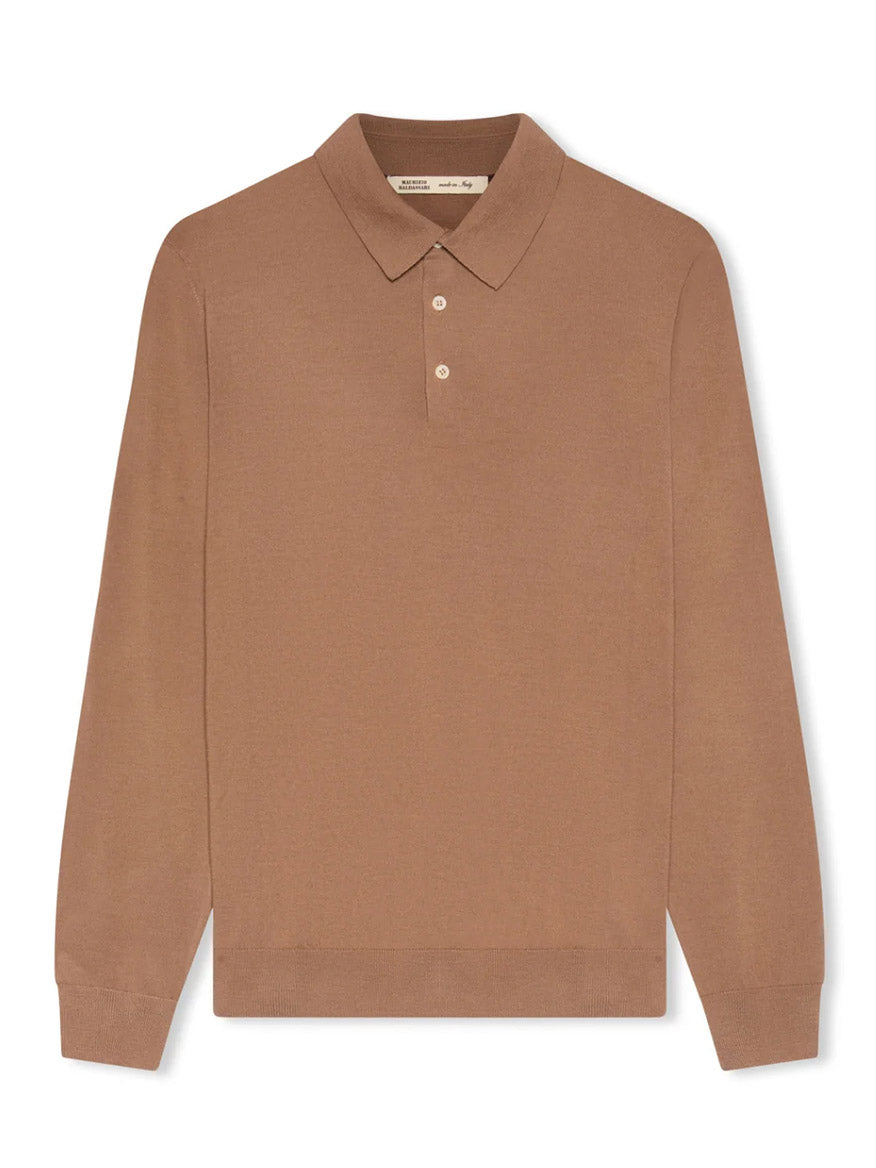 The Maurizio Baldassari 3-Button Long Sleeve Extrafine Wool Polo in Camel features a classic collar, pure wool construction, and Italian craftsmanship. Shown laid flat on a white background.