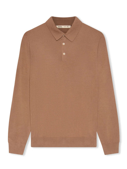 The Maurizio Baldassari 3-Button Long Sleeve Extrafine Wool Polo in Camel features a classic collar, pure wool construction, and Italian craftsmanship. Shown laid flat on a white background.