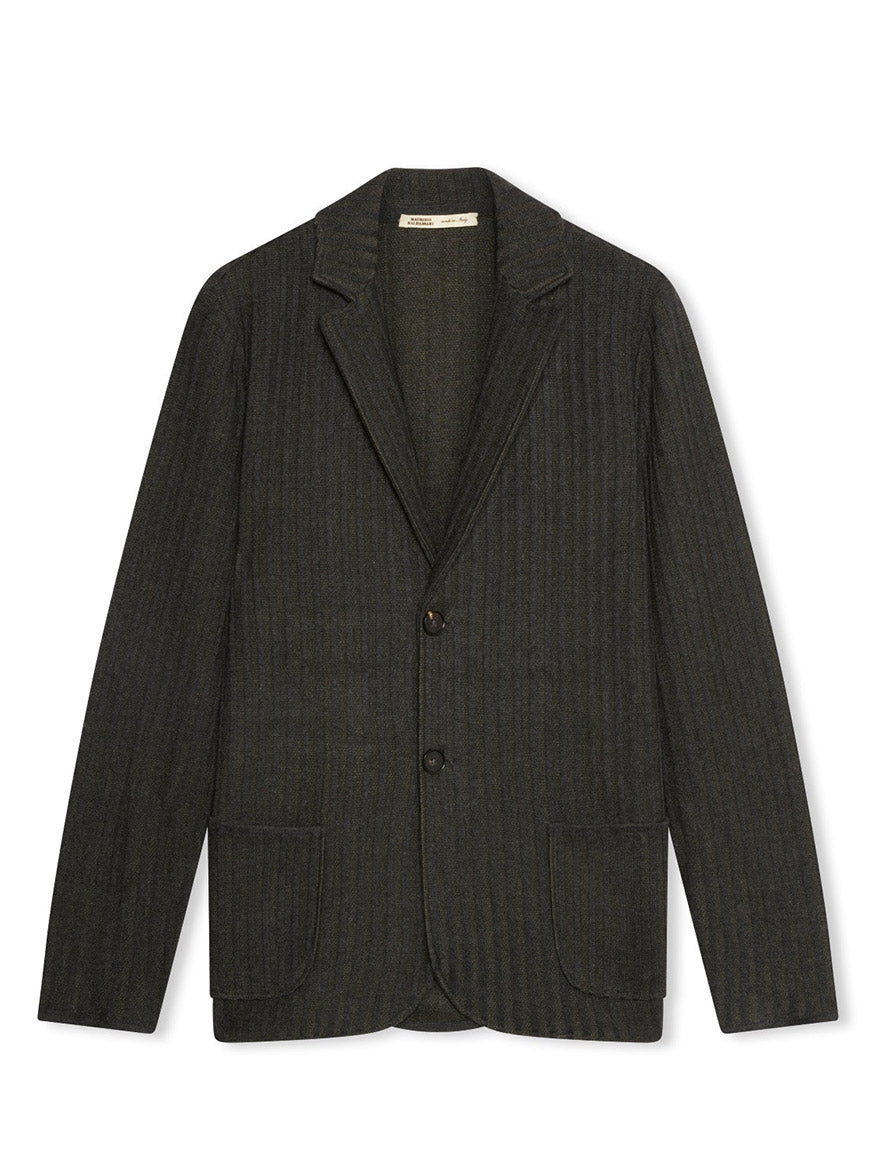 Maurizio Baldassari Ribbed Knit Marled Shacket in dark green, made in Italy and displayed on a white background.