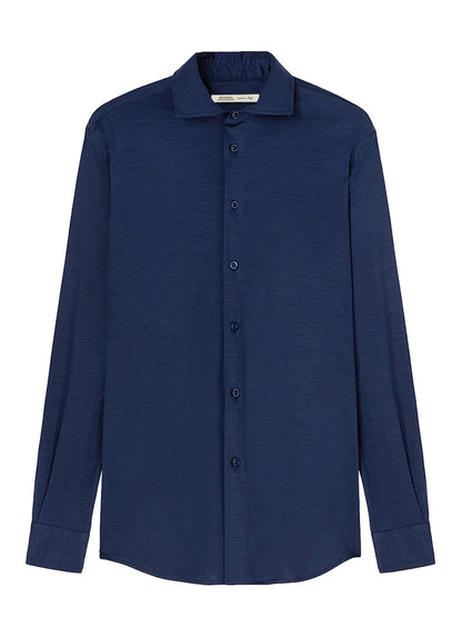 The Maurizio Baldassari Santini Techmerino Wool Shirt in Blue is a long-sleeve, button-up collared shirt, shown on a plain white background. Breathable and stylish, it's perfect for any occasion.