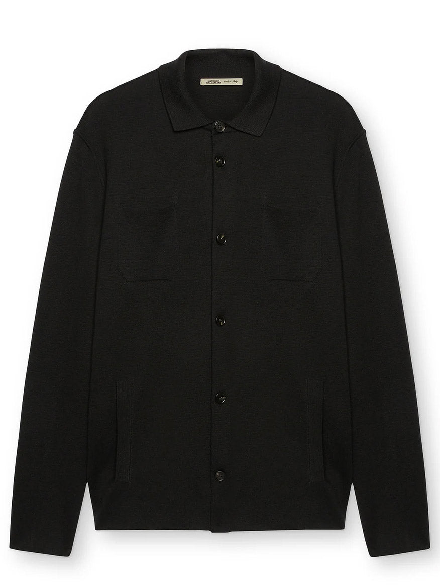 Maurizio Baldassari Silk & Cotton Overshirt in Black with front button closure and four pockets, displayed against a plain background.