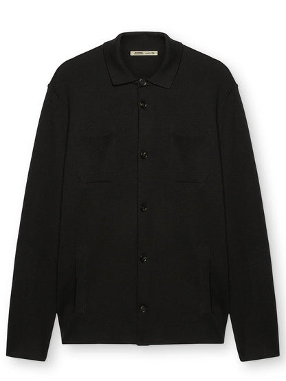 Maurizio Baldassari Silk & Cotton Overshirt in Black with front button closure and four pockets, displayed against a plain background.