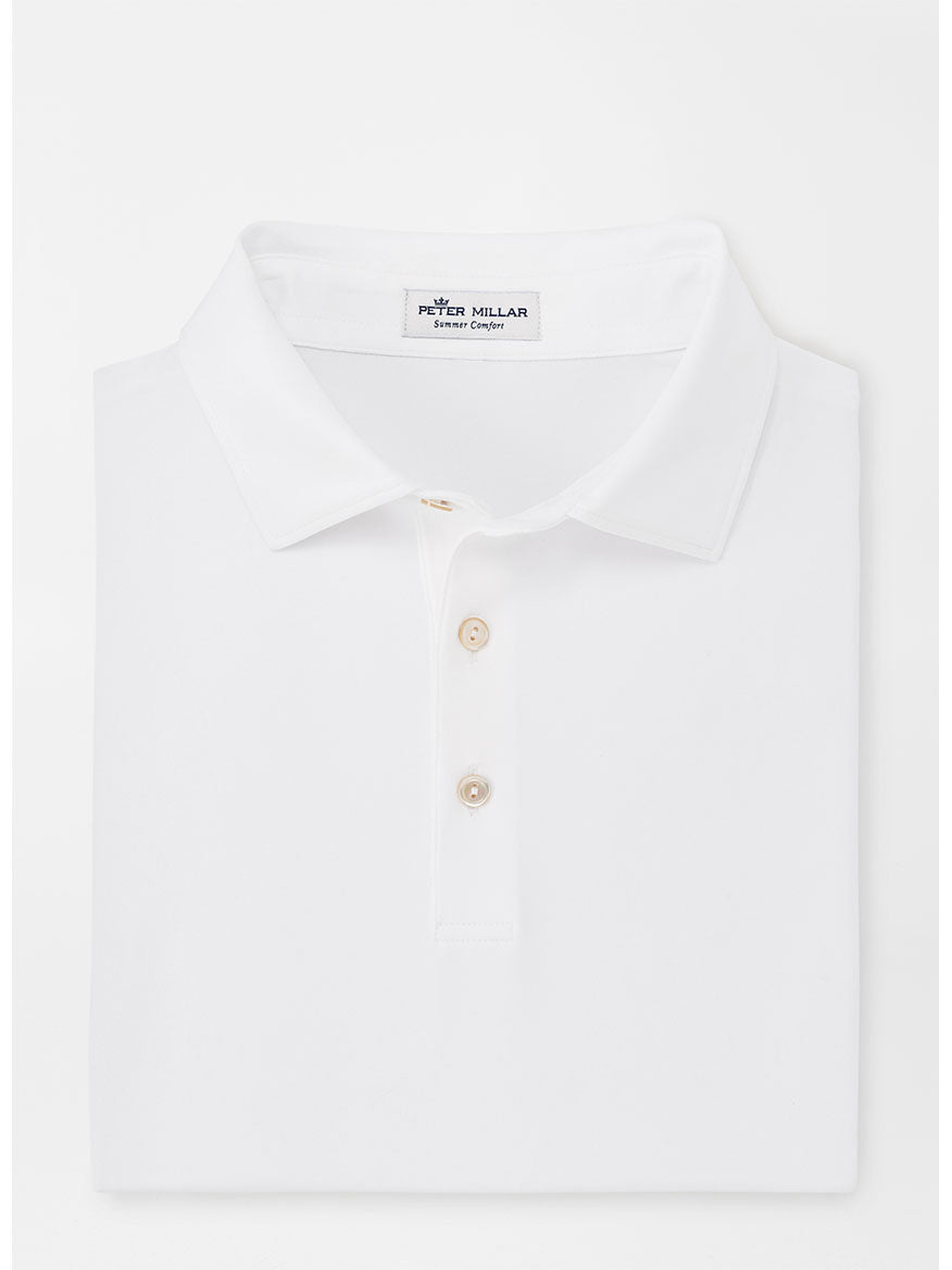 Folded Peter Millar Solid Performance Jersey Polo in White [Sean Self Collar] on a plain background.