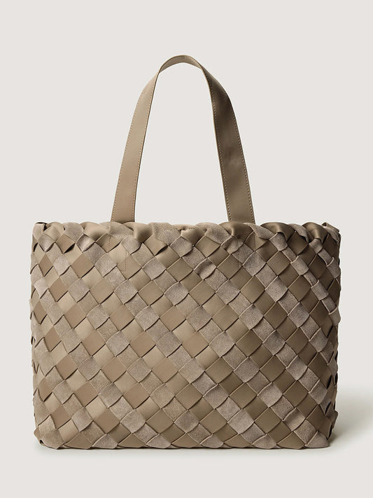 Naghedi Como Medium Tote Suede & Neoprene in Bluff: a taupe handwoven medium tote bag in Italian suede with a woven texture and two top handles.