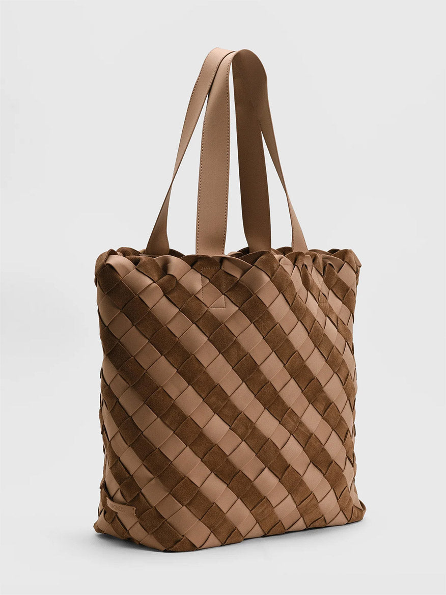 Naghedi Como Shopper Tote Suede & Neoprene in Canyon with a woven exterior and two shoulder straps.