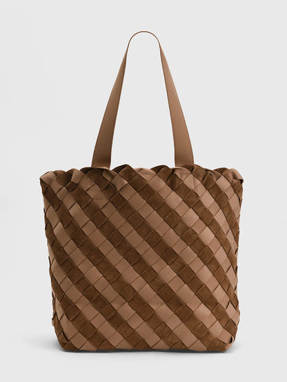 A brown woven Naghedi Como Shopper Tote Suede & Neoprene in Canyon with a gathered top edge and two shoulder straps.