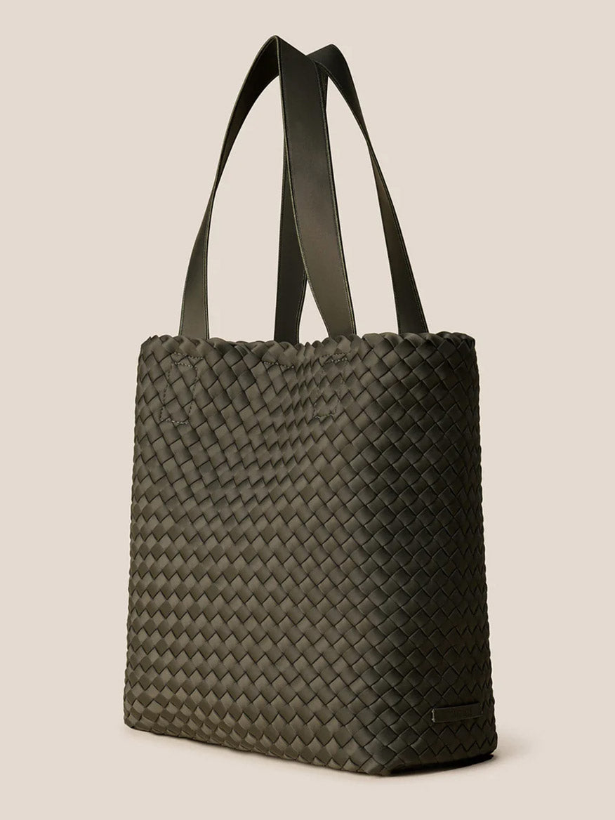 The Naghedi Como Shopper Tote in Olive, featuring two flat shoulder straps, is showcased on a neutral background.