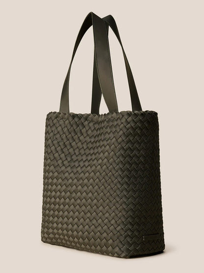 The Naghedi Como Shopper Tote in Olive, featuring two flat shoulder straps, is showcased on a neutral background.