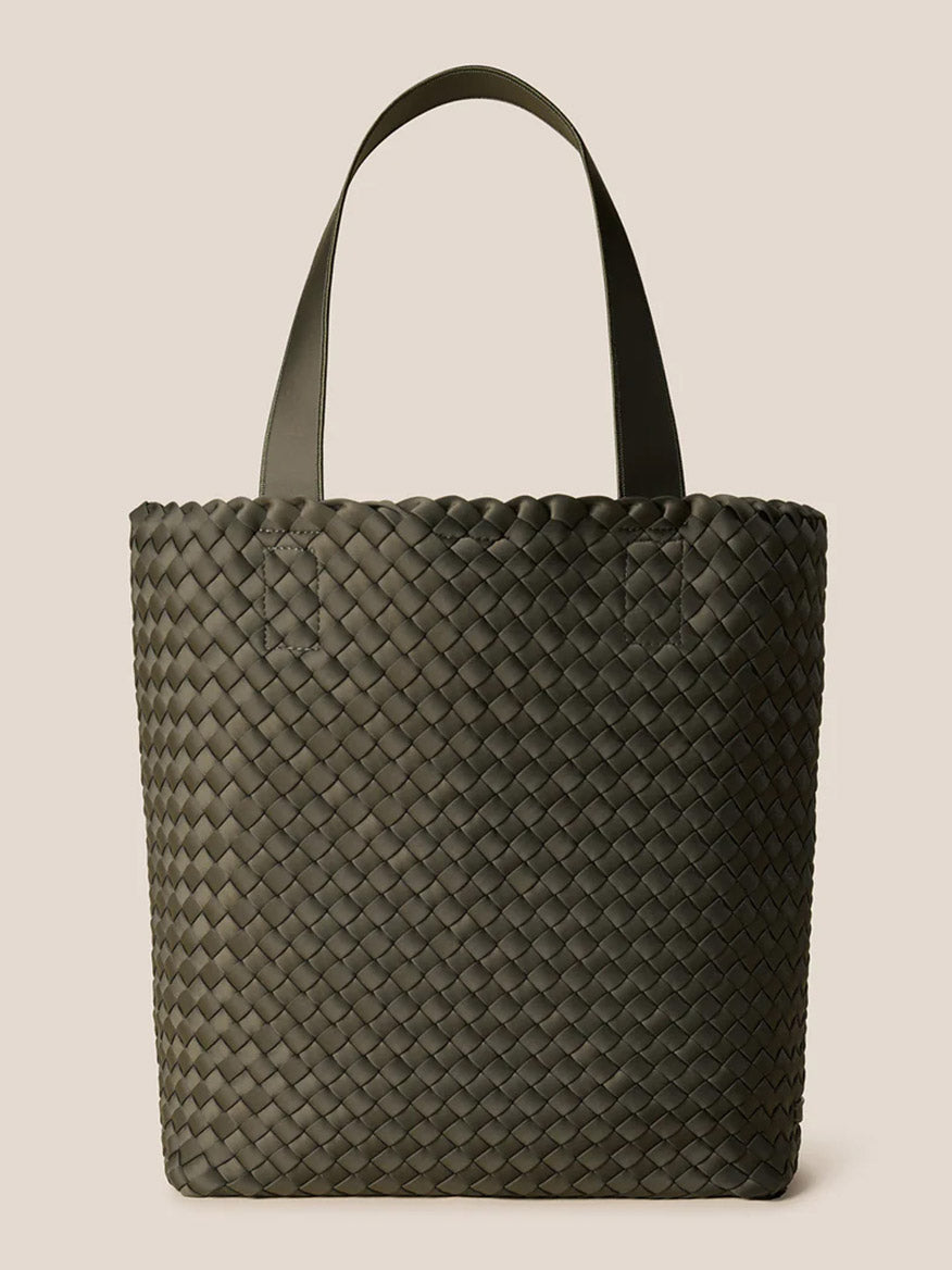 The Naghedi Como Shopper Tote in Olive is a large, dark green handwoven bag with two handles, shown against a plain beige background.