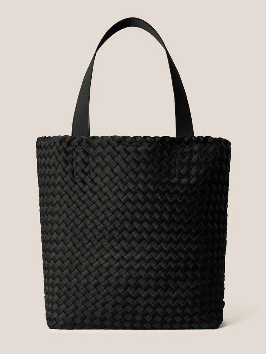 The Naghedi Como Shopper Tote in Onyx, featuring two sturdy handles and shown against a beige backdrop, is a versatile unisex neoprene bag ideal for everyday use.