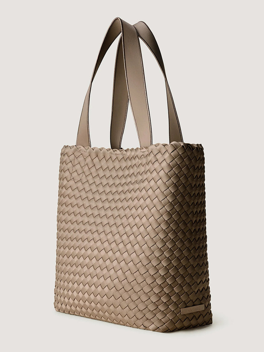 Naghedi Como Shopper Tote in Cashmere, a taupe woven neoprene shopper tote with two shoulder straps.