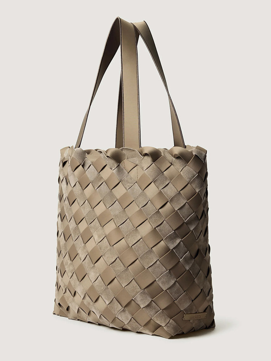 Bluff Naghedi Como Shopper Tote Suede & Neoprene in a taupe open-top, woven construction with two shoulder straps.
