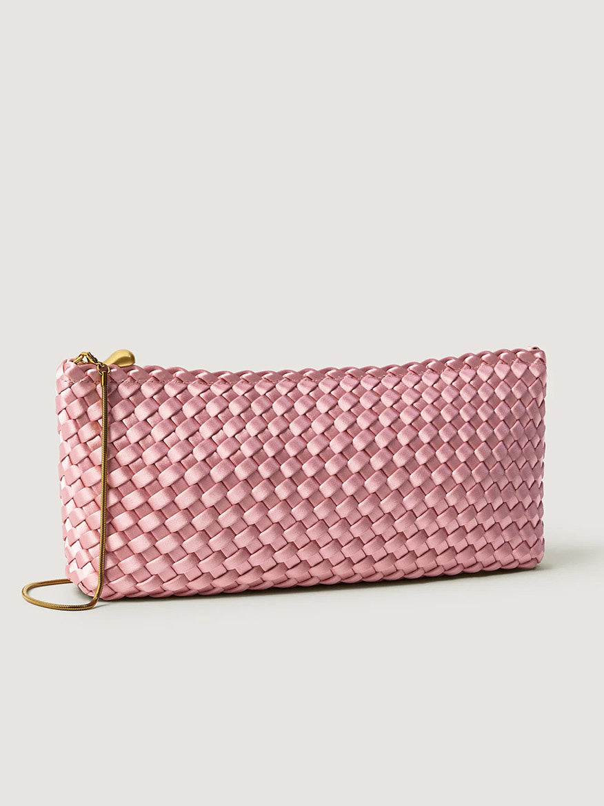 Naghedi Gala Clutch Satin in Flor: a rectangular ballet pink clutch made of woven ribbon with a thin gold chain wrist strap.