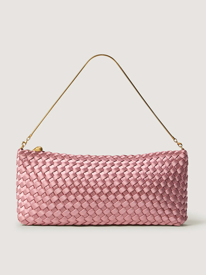 Naghedi Gala Clutch Satin in Flor: a rectangular ballet pink satin clutch with a slender gold-tone metal shoulder strap and a gold zipper pull.