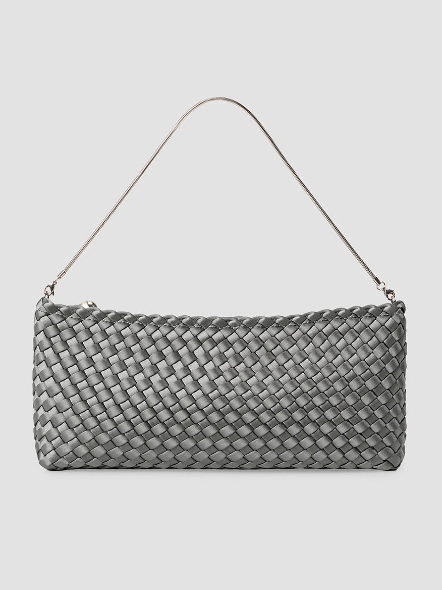 Naghedi Gala Clutch Satin in Graphite, a ballet pink satin woven rectangular clutch with a thin metal handle.