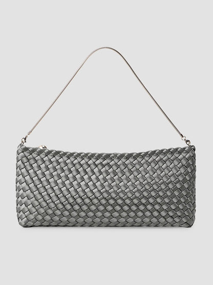 Naghedi Gala Clutch Satin in Graphite, a ballet pink satin woven rectangular clutch with a thin metal handle.