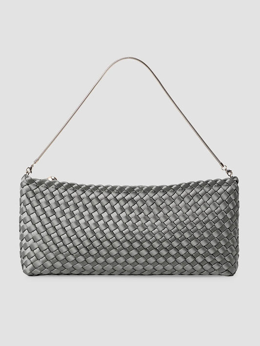 Naghedi Gala Clutch Satin in Graphite, a ballet pink satin woven rectangular clutch with a thin metal handle.