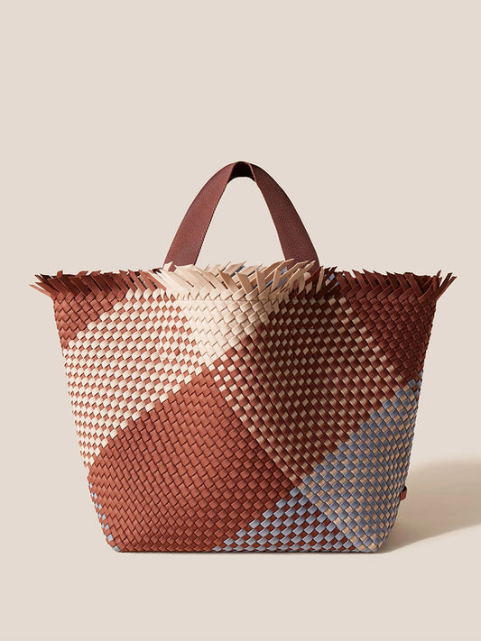 Handwoven Naghedi Havana Beach Tote in Graphic Geo Taos Fringe with a gradient color design.