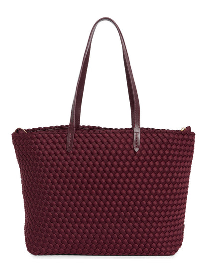 Naghedi Jetsetter Small Tote in Bordeaux, a dark burgundy woven neoprene bag with two top handles.