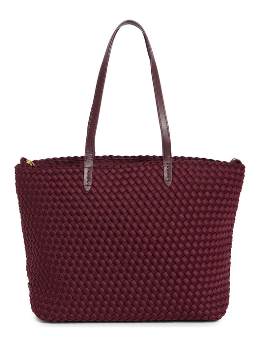 Dark red woven Naghedi Jetsetter Small Tote in Bordeaux with two top handles.