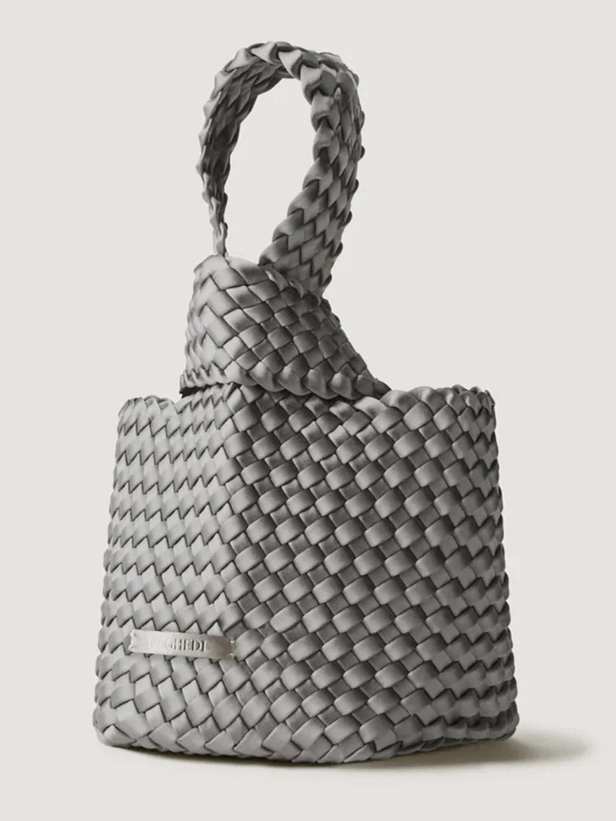 Gray handwoven satin Naghedi Kyoto Clutch in Graphite with a knot handle.