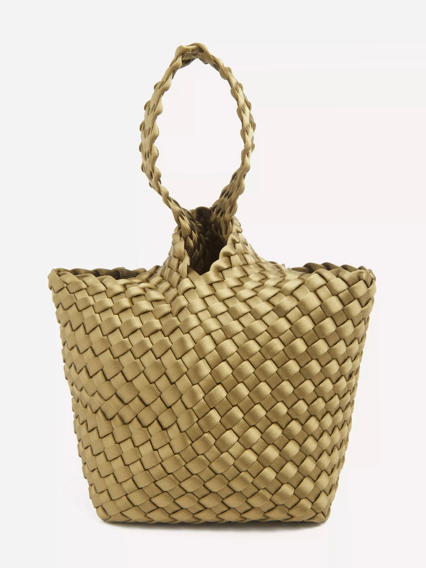 Naghedi Kyoto Clutch Satin in Peridot, a handwoven green clutch featuring a single braided top handle.