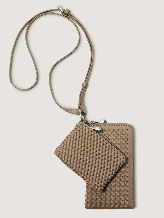 Taupe woven Naghedi Orly Phone Case in Cashmere with an attached small zippered case and an adjustable crossbody shoulder strap.