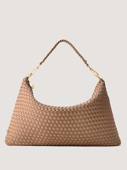 Taupe woven Naghedi Porto Medium Half-Moon Bag in Seychelles with gold-tone hardware.