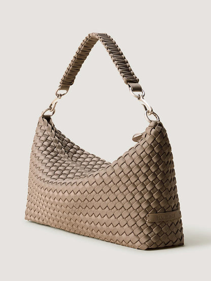 Naghedi Porto Medium Half-Moon Bag in Cashmere: a taupe, half-moon handwoven neoprene shoulder bag featuring a braided handle.