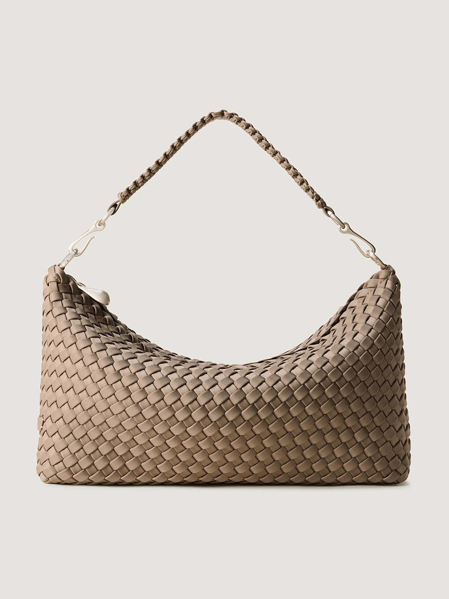 Naghedi Porto Medium Half-Moon Bag in Cashmere, a taupe handwoven neoprene shoulder bag featuring a matching braided strap and silver-tone hardware.