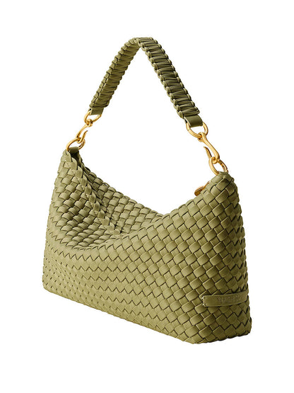 Bottle Green Naghedi Porto Small Half-Moon Bag with a braided handle and gold-tone hardware.