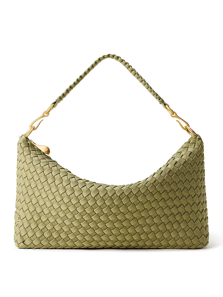 Naghedi Porto Small Half-Moon Bag in Bottle Green, a handwoven neoprene half-moon bag with a braided shoulder strap and gold hardware.