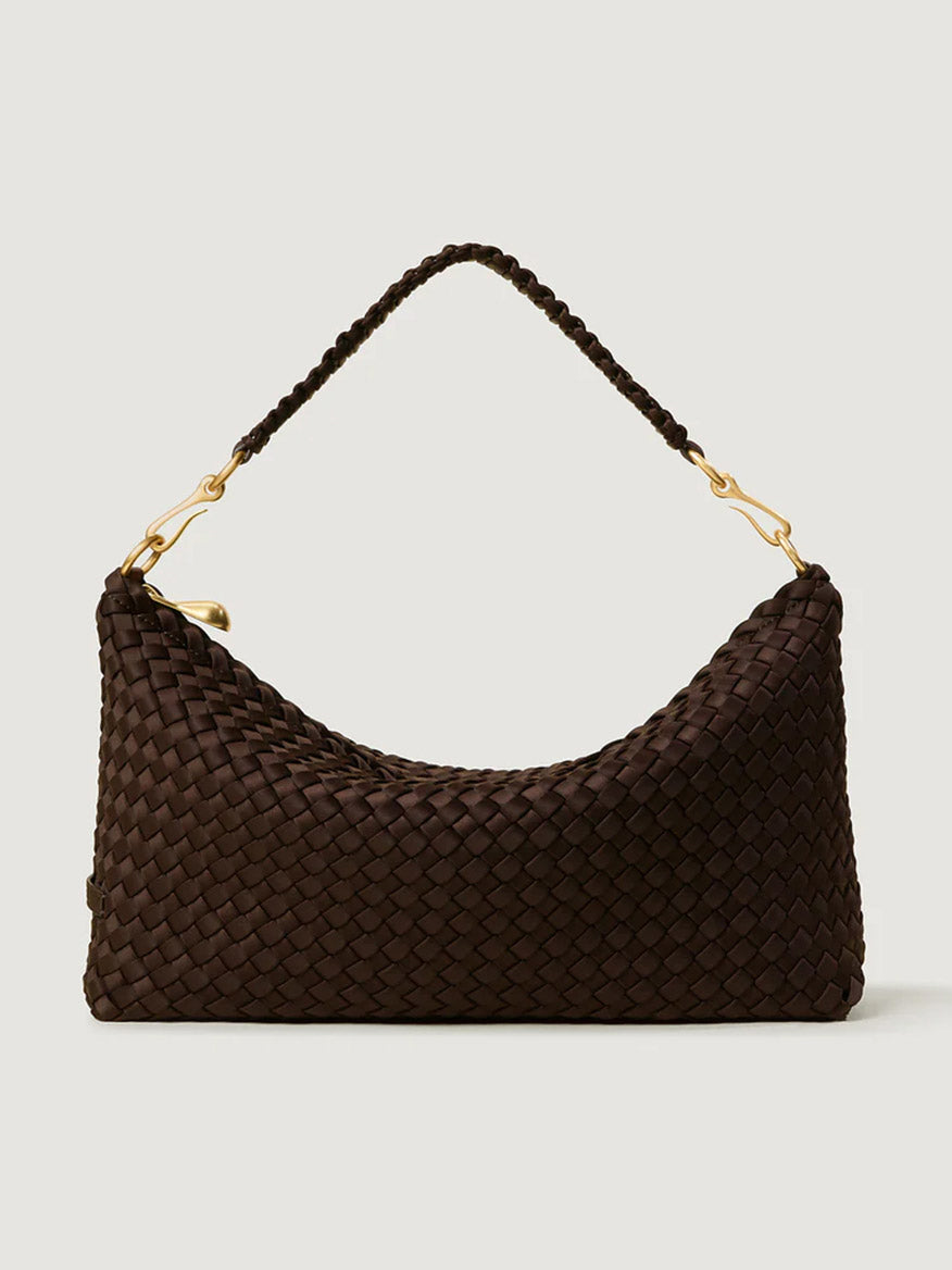 The Naghedi Porto Small Half-Moon Bag in Chocolate features dark brown handwoven neoprene, a single braided handle, and gold hardware, shown against a plain light background.