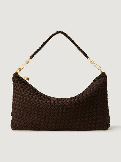 The Naghedi Porto Small Half-Moon Bag in Chocolate features dark brown handwoven neoprene, a single braided handle, and gold hardware, shown against a plain light background.